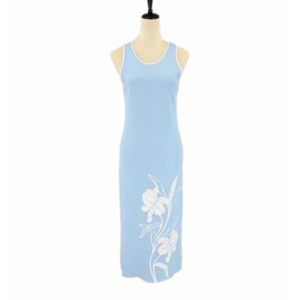 Cynthia Rowley Blue White Floral Knit Cottagecore Coastal Chic Midi Tank Dress